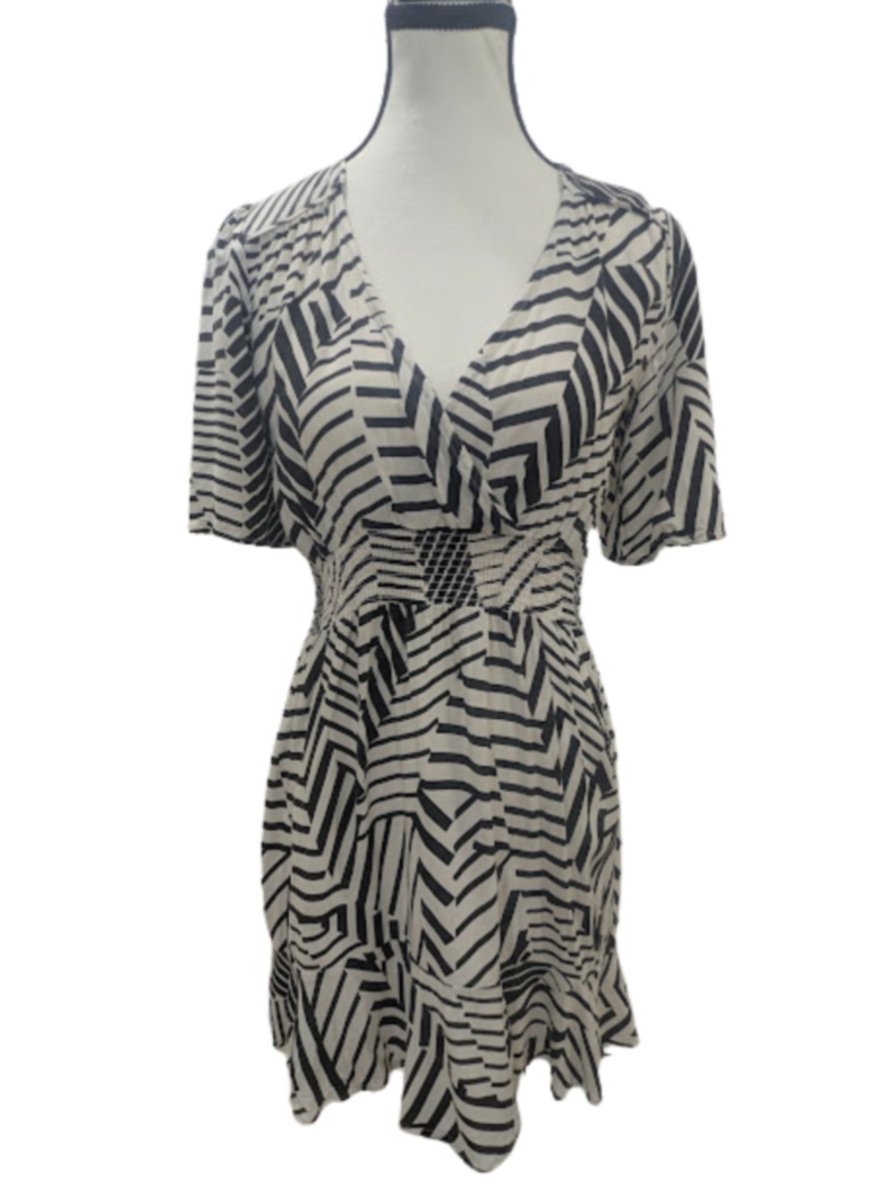 Ange Dress Womens S Black Ivory Abstract Geometric Smocked Waist V Neck Boho